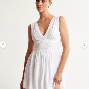 Abercrombie Smocked Plunge Crinkle Mini Dress White